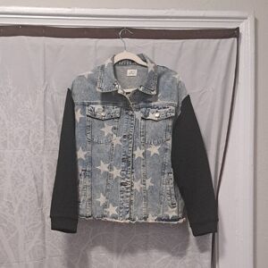 Womens Star Print Denim Jacket with Black Sleeves